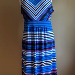 Talbots Blue and Pink Striped Midi Jersey Dress EUC